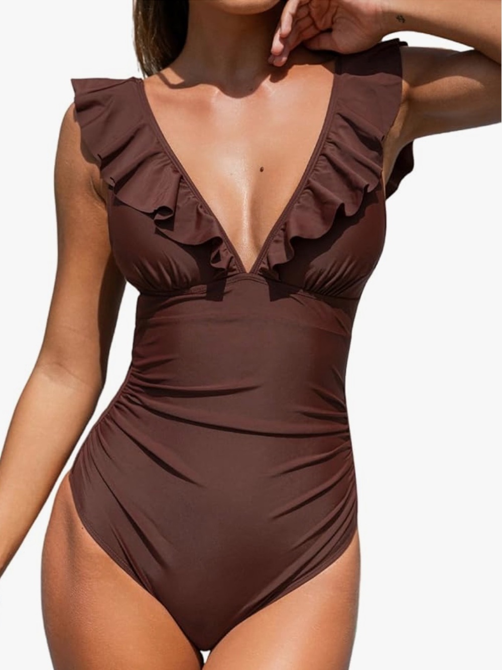 Cupshe Ruffle One Piece V-Neck Swimsuit Bathing Suit Chocolate Brown Size Large